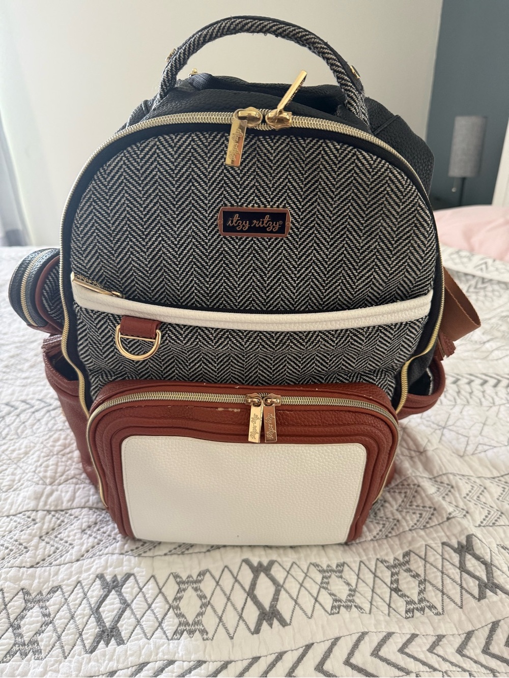 Itzy Ritzy Herringbone Backpack with Black, White & Brown Accents